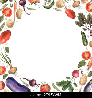 Cadre aquarelle de légumes : radis, tomate, aubergine, tomate, pois, aneth, carotte, oignon, pomme de terre. Composition dessinée à la main sur fond blanc Banque D'Images