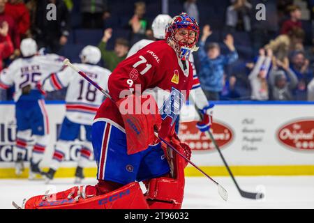 Rochester, New York, États-Unis. 25 novembre 2023. Le gardien du Rocket de Laval Jakub Dobes (71) crie à la ref en prolongation contre les Americans de Rochester. Les Américains de Rochester ont accueilli le Rocket de Laval dans un match de la Ligue américaine de hockey au Blue Cross Arena de Rochester, New York. (Jonathan Tenca/CSM). Crédit : csm/Alamy Live News Banque D'Images