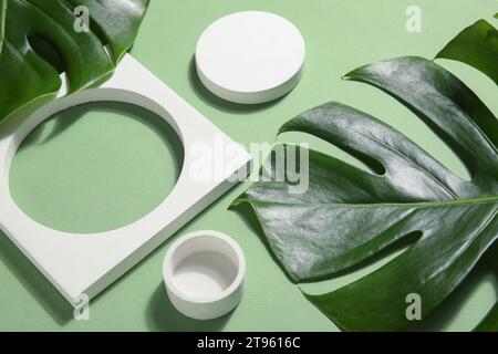 Podiums en plâtre et feuilles de monstère sur fond vert Banque D'Images