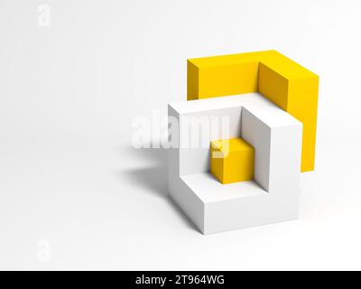 Installation géométrique abstraite avec des formes cubiques jaunes et blanches connectées sur fond blanc. illustration de rendu 3d. Banque D'Images