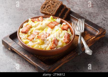 Norwegian Plukfisk se compose de pommes de terre, de morceaux de poisson et d'oignons cuits dans une sauce béchamel en gros plan sur une assiette sur la table. Horizontal Banque D'Images