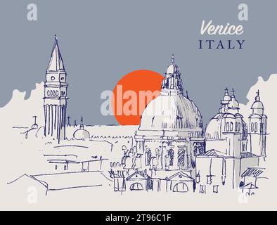 Illustration vectorielle dessinée à la main du campanile de St. Mark et les dômes de la basilique Santa Maria della Salute à Venise, Italie. Illustration de Vecteur