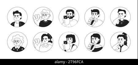 Faisceau d'illustrations d'avatars vectoriels 2D noir et blanc différents âges caucasiens Illustration de Vecteur