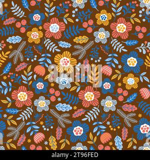 Motif sans couture de prairie de fleurs. Entrelacement de fleurs et de branches stylisées de doodle sur fond brun foncé Illustration de Vecteur