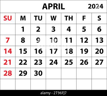 2024 avril calendrier du mois d'avril Illustrator vectoriel de couleur conception de calendrier. calendrier minimal simple. illustration vectorielle. Calendrier mensuel conception 2024. Illustration de Vecteur