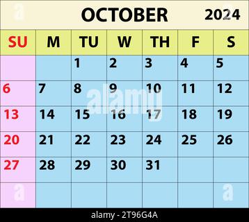 2024 octobre calendrier du mois d'octobre conception de calendrier Illustrator vectoriel couleur. Illustration de Vecteur