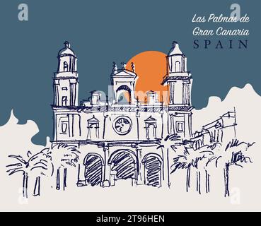 Illustration vectorielle dessinée à la main de la cathédrale de Santa Ana à Las Palmas, Gran Canaria, Espagne Illustration de Vecteur