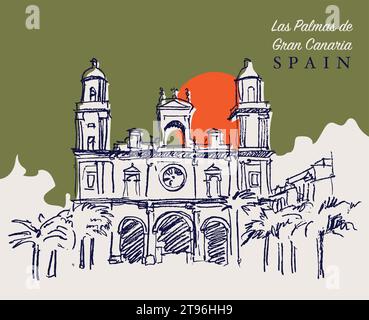 Illustration vectorielle dessinée à la main de la cathédrale de Santa Ana à Las Palmas, Gran Canaria, Espagne Illustration de Vecteur