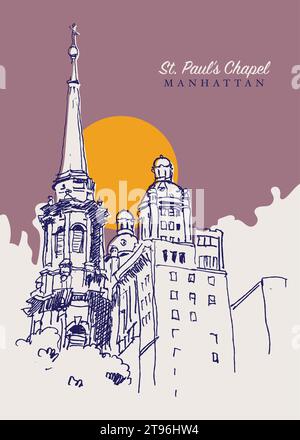 Illustration vectorielle dessinée à la main du clocher de St. Chapelle de Paul à Manhattan, New York, États-Unis. Illustration de Vecteur