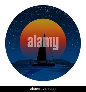 Voilier et paysage marin sur cercle. Rivage de mer du soir avec lune et silhouette de yacht. Bateau naviguant dans la rivière ou le lac à la côte. Navire, nuit et littoral Illustration de Vecteur