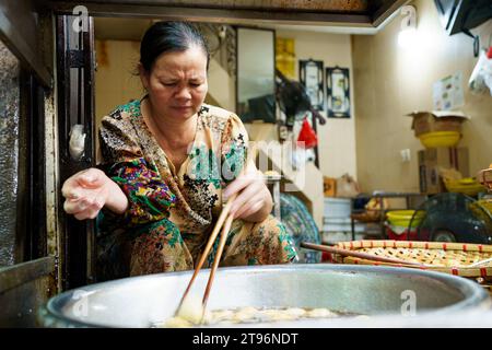 Hanoi, Vietnam - 9 novembre 2023 : une femme est vue en train de cuisiner de la nourriture de rue dans les rues de Hanoi. L'économie vietnamienne est l'une des plus dynamiques d'Asie, mais un environnement extérieur difficile et une demande intérieure plus faible ont entraîné un ralentissement de l'économie vietnamienne, avec une croissance de 4,7 % en 2023 contre 8 % en 2022, tandis que l'industrie du tourisme continue de croître, avec plus de 10 millions de visiteurs prévus pour 2023, ce qui en fait la destination la plus populaire en Asie du Sud-est après la Thaïlande. (Photo Davide Bonaldo/Sipa USA) Banque D'Images