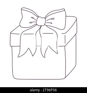 Boîte cadeau dessinée à la main avec noeud. Cadeau d'anniversaire. Contour Doodle vecteur illustration noir et blanc isolé sur un fond blanc. Illustration de Vecteur