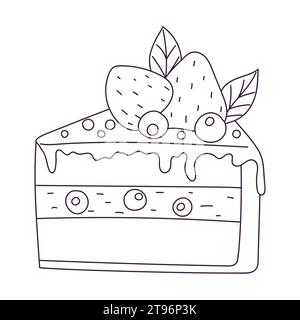 Morceau de gâteau dessiné à la main avec fraise et myrtille. Nourriture sucrée, dessert. Contour Doodle vecteur illustration en noir et blanc isolé sur une ba blanche Illustration de Vecteur