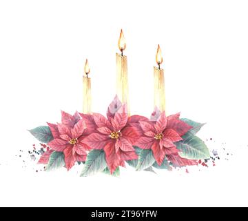 Arrangement peint à l'aquarelle avec des fleurs rouges Poinsettia, feuilles avec des bougies flamboyantes et des éclaboussures Illustration pour Noël, carte du nouvel an, hiver Banque D'Images