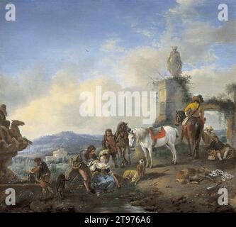 Chasseurs se reposant à côté d'une fontaine - par Jan Frans Van Bredael Banque D'Images