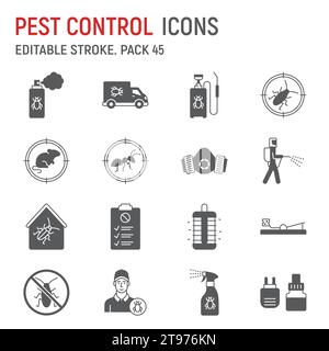 Jeu d'icônes de glyphes de lutte antiparasitaire, collection d'extermination, graphiques vectoriels, illustrations de logo, icônes vectorielles de service de lutte antiparasitaire, signes d'insectes, pictogrammes pleins, trait modifiable Illustration de Vecteur