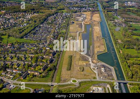 Vue aérienne, Wasserstadt Aden, zone de construction du quartier urbain prévu sur le site de l'ancienne mine Haus Aden, site de construction, Weddinghof Banque D'Images