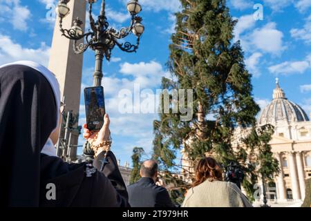 Vatican, Vatican. 23 novembre 2023. Une nonne assiste à l'arrivée de l'arbre à St. Peter's Square. Arrivée et levage de l'arbre de Noël, arrivé de la haute vallée Maira, dans la municipalité de Macra, dans le diocèse de Saluzzo et la province de Cuneo, Italie, à St. Peter's Square. (Photo Stefano Costantino/SOPA Images/Sipa USA) crédit : SIPA USA/Alamy Live News Banque D'Images