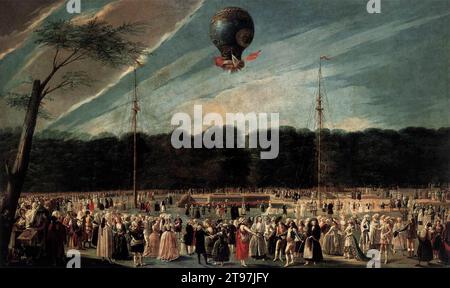 Ascension de la montgolfière de Monsieur bouclé dans les Jardins d'Aranjuez 1784 par Antonio Carnicero y Mancio Banque D'Images