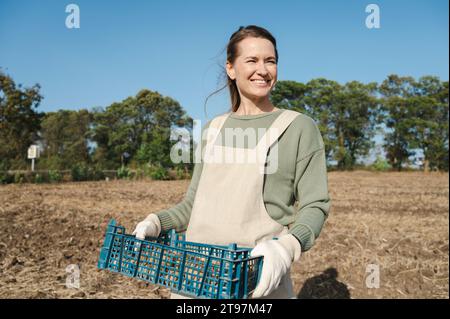 Heureux fermier tenant une caisse de pommes de terre récoltées dans le champ Banque D'Images