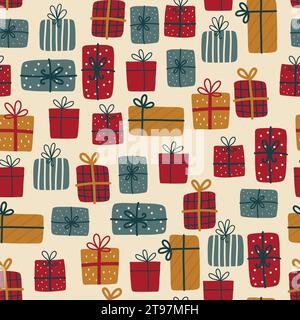 Modèle cadeaux de Noël. Fond sans couture avec des boîtes de cadeaux de Noël. Illustration de Vecteur