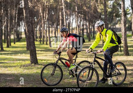 Hommes matures portant des casques et faisant du vélo dans la forêt le jour ensoleillé Banque D'Images