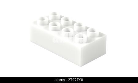 Bloc Lego en plastique blanc neige isolé sur un fond blanc. Brick jouet pour enfants, vue perspective. Vue rapprochée d'un bloc de jeu pour les constructeurs. Illustration 3D. Ultra HD 8k, 7680 x 4320, 300 ppp Banque D'Images