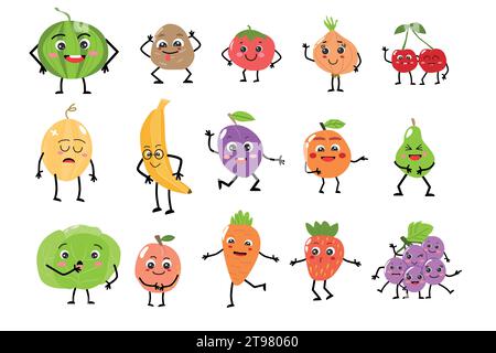 Dessins animés légumes et fruits mignons personnages -visages Illustration de Vecteur