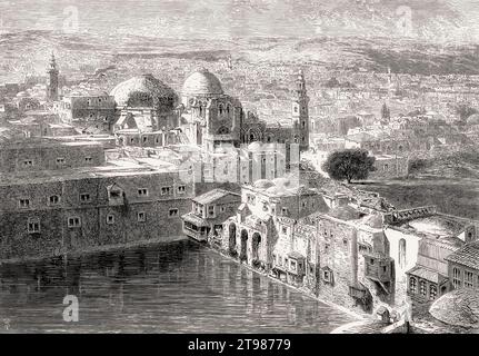 L'église du Saint-Sépulcre, piscine d'Ézéchias, vieille ville de Jérusalem, 19e siècle Banque D'Images