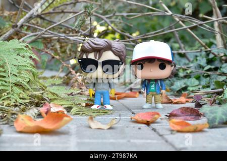 Figurines Funko Pop de Steve et Dustin de la série télévisée d'horreur populaire Stranger Things. Route abandonnée, forêt d'automne, feuilles, branches d'arbres. Banque D'Images