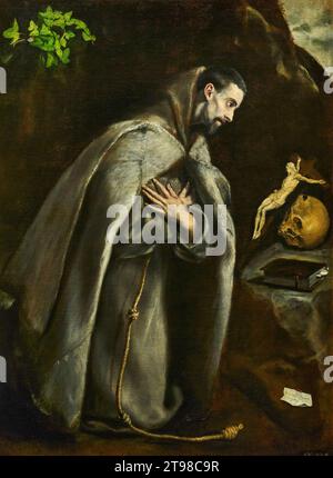 San Francesco in meditazione in ginocchio - olio su tela - El Greco - 1592 - Vitoria Gasteiz, Museo Diocesano de Arte Sacro Banque D'Images