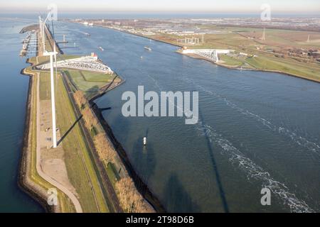 Vue aérienne Maeslantkering, grande barrière contre les ondes de tempête aux pays-Bas Banque D'Images