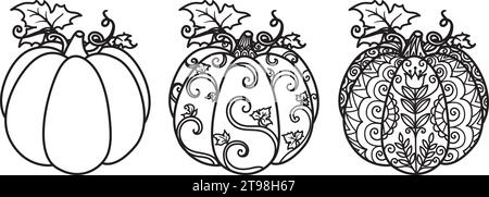 3 styles de pumkins pour la page de coloriage, gravure, conception de t-shirt, découpe au laser et ainsi de suite. Halloween, Thanks Giving, automne, concept d'automne. Vector illustra Illustration de Vecteur