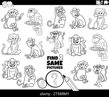 Illustration de dessin animé de trouver deux mêmes images jeu éducatif avec des singes animaux personnages à colorier page Illustration de Vecteur