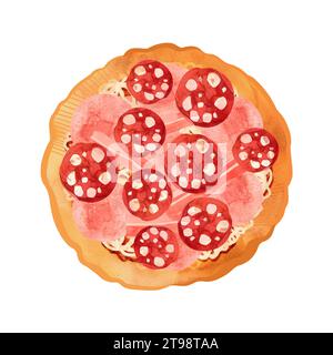 Pizza à la viande avec jambon, bacon et chorizo sur pâte épaisse. Illustration d'aquarelle isolée sur fond blanc pour les menus et les recettes. Banque D'Images