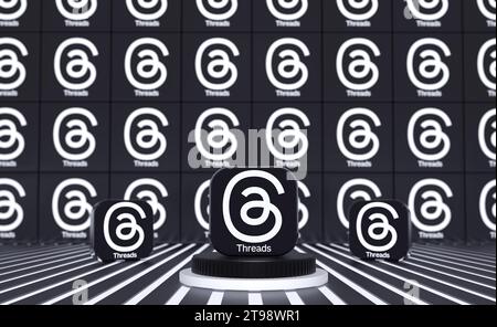 Logo threads. Une nouvelle application de médias sociaux de Meta à Rival Twitter. Rendu 3D. Banque D'Images