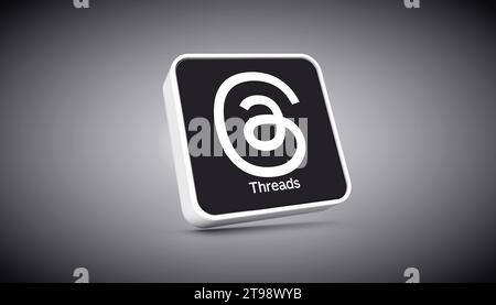 Logo threads. Une nouvelle application de médias sociaux de Meta à Rival Twitter. Rendu 3D. Banque D'Images