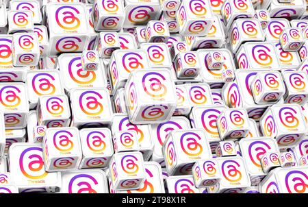 Logo threads. Une nouvelle application de médias sociaux de Meta à Rival Twitter. Rendu 3D. Banque D'Images