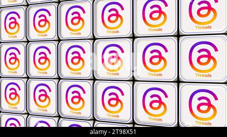 Logo threads. Une nouvelle application de médias sociaux de Meta à Rival Twitter. Rendu 3D. Banque D'Images
