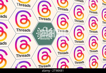 Logo threads. Une nouvelle application de médias sociaux de Meta à Rival Twitter. Rendu 3D. Banque D'Images