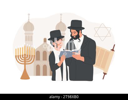 Illustration vectorielle de concept isolée du judaïsme. Judaïsme religion monothéiste, juif orthodoxe, étoile de david, rouleau de torah dans la synagogue, foi la plus ancienne, kippah, hanukkah menorah vecteur concept. Illustration de Vecteur