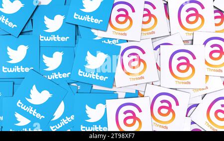 Logo threads. Une nouvelle application de médias sociaux de Meta à Rival Twitter. Rendu 3D. Banque D'Images