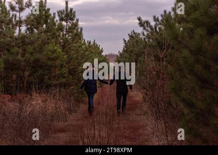 Heureux couple courant à travers la forêt se tenant la main. Un homme en manteau noir et une jeune femme en pull tricoté se baladent dans un parc de pins, pla Banque D'Images