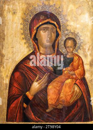 Vierge Hodegetria (notre Dame du chemin). 16e/17e siècle, par un peintre inconnu de Crète. Monastère de Žitomislić, Bosnie-Herzégovine. Banque D'Images