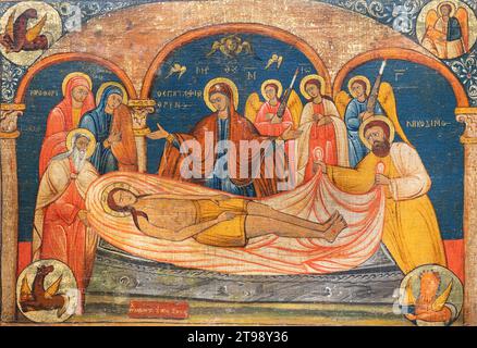 Lamentation du Christ. 18e/19e siècle, par un peintre grec inconnu, icône du pèlerinage de Jérusalem. Monastère de Žitomislić, Bosnie-Herzégovine. Banque D'Images