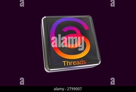 Logo threads. Une nouvelle application de médias sociaux de Meta à Rival Twitter. Rendu 3D. Banque D'Images