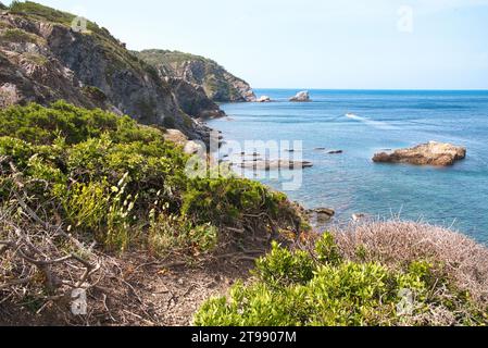 le bord de mer dans la partie ouest de la presquile de Giens appartient au parc national de port-cros avec ses criques ses ilots ses plages sa nature Banque D'Images