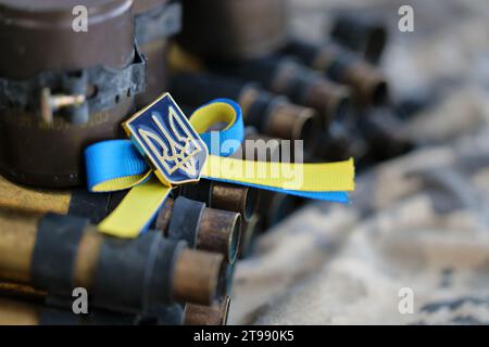 Symbole ukrainien sur la ceinture de mitrailleuse se trouve sur le camouflage militaire pixelisé ukrainien en gros plan Banque D'Images