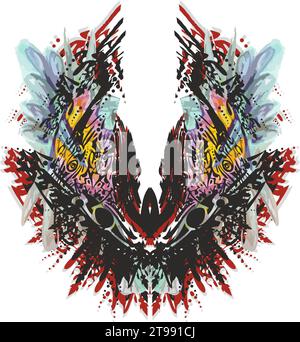 Les ailes de papillon colorées dangereuses éclaboussent le blanc pour les textiles ou les impressions sur les T-shirts. Symbole de papillon ethnique pour les concepts d'affaires, les tissus, le tatouage Banque D'Images