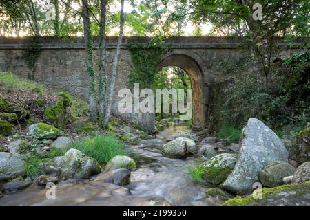 Pont de pierre sur la rivière dans une zone ombragée avec beaucoup de végétation horizontale Ambroz Banque D'Images